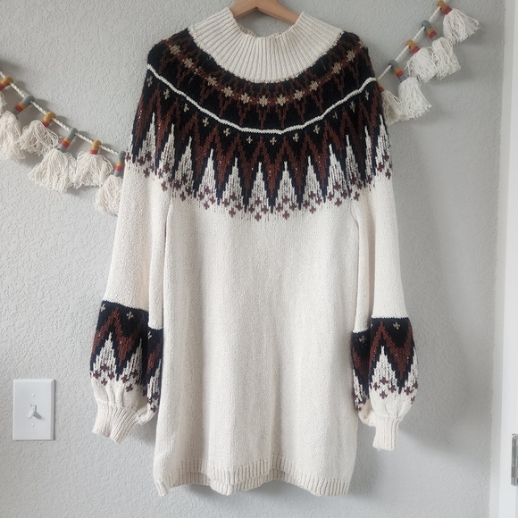 Free People Scotland Wool Blend Fair Isle Knit Puff Sleeve Sweater Dress Mini S - Picture 1 of 12